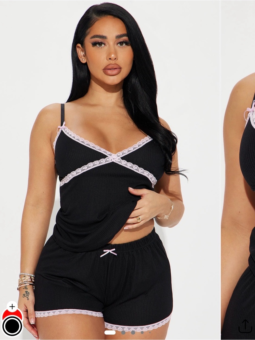 Fashion Nova Black Ribbed Lace-Trim Pajama Cami & Shorts Set
